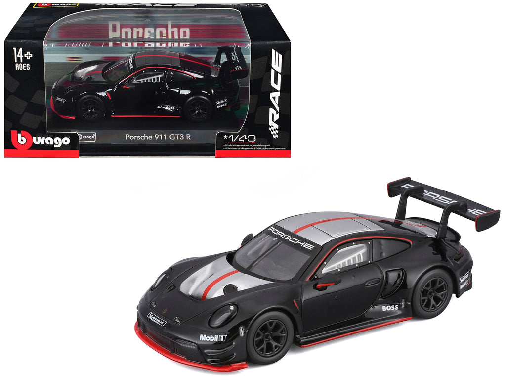 Porsche 911 GT3 R Black with Silver Top and Hood and Red Stripes 'Race' Series 1/43 Diecast Model Car by Bburago