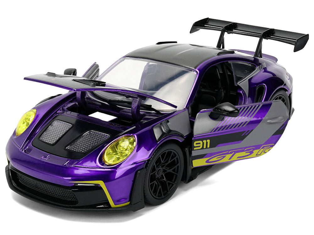 Porsche 911 GT3 RS (992) Candy Purple with Carbon Top and Hood Stripes and Graphics 'AutoWorks' Series 1/24 Diecast Car Model by Jada