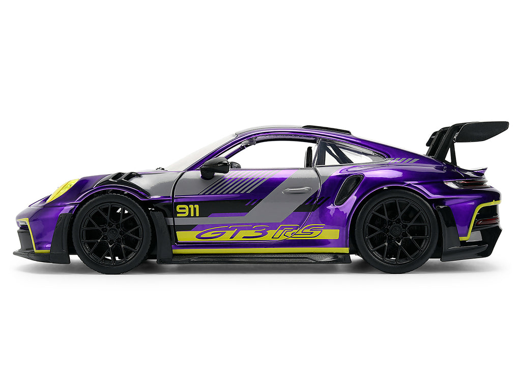 Porsche 911 GT3 RS (992) Candy Purple with Carbon Top and Hood Stripes and Graphics 'AutoWorks' Series 1/24 Diecast Car Model by Jada