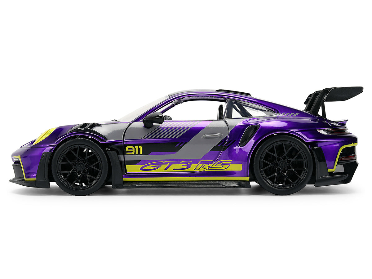 Porsche 911 GT3 RS (992) Candy Purple with Carbon Top and Hood Stripes and Graphics 'AutoWorks' Series 1/24 Diecast Car Model by Jada