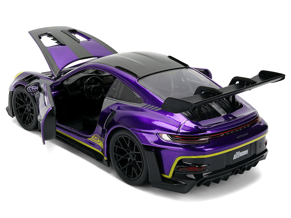 Porsche 911 GT3 RS (992) Candy Purple with Carbon Top and Hood Stripes and Graphics 'AutoWorks' Series 1/24 Diecast Car Model by Jada