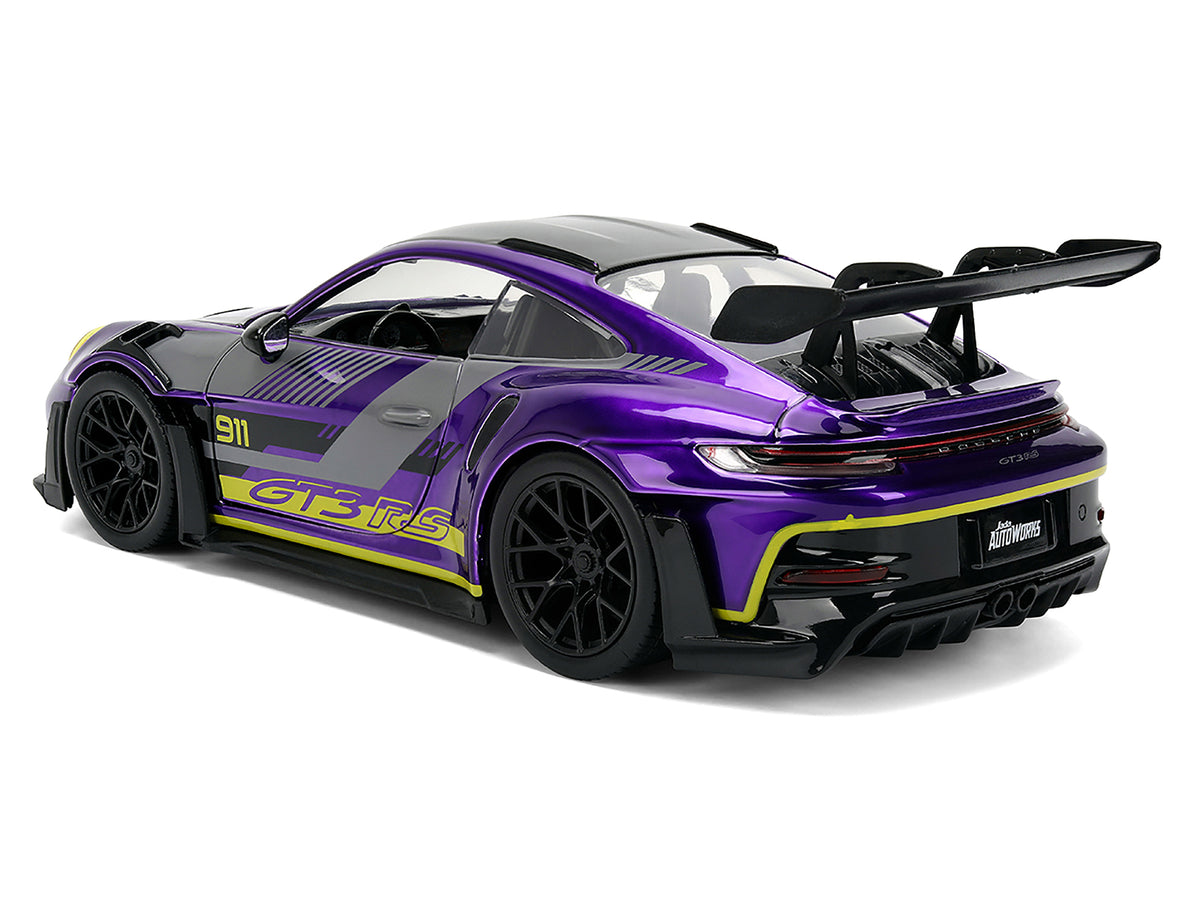 Porsche 911 GT3 RS (992) Candy Purple with Carbon Top and Hood Stripes and Graphics 'AutoWorks' Series 1/24 Diecast Car Model by Jada