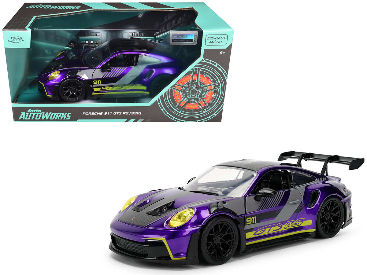 Porsche 911 GT3 RS (992) Candy Purple with Carbon Top and Hood Stripes and Graphics 'AutoWorks' Series 1/24 Diecast Car Model by Jada