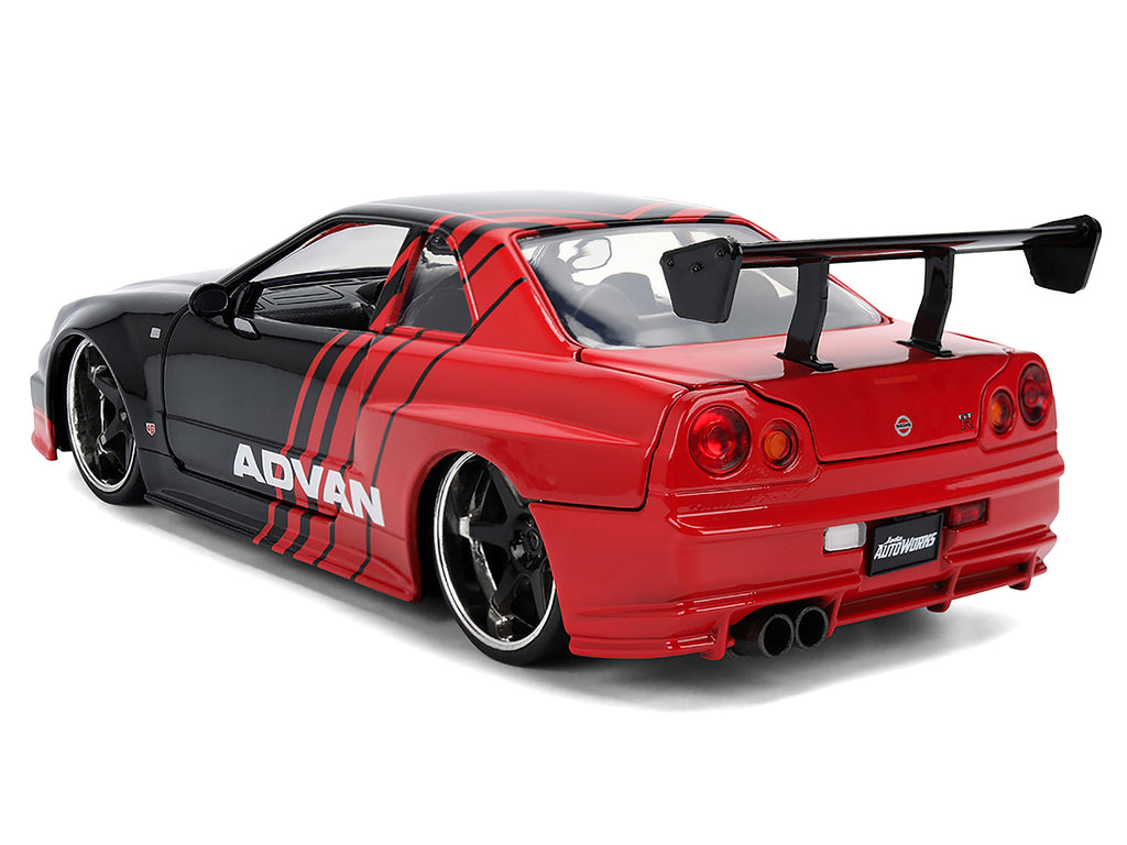2002 Nissan Skyline GT-R (R34) RHD (Right Hand Drive) 'ADVAN' Black and Red 'AutoWorks' Series 1/24 Diecast Car Model by Jada