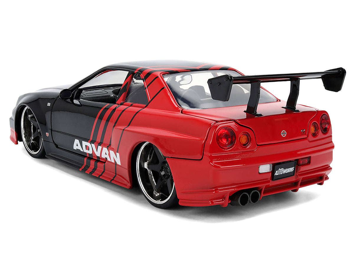 2002 Nissan Skyline GT-R (R34) RHD (Right Hand Drive) 'ADVAN' Black and Red 'AutoWorks' Series 1/24 Diecast Car Model by Jada