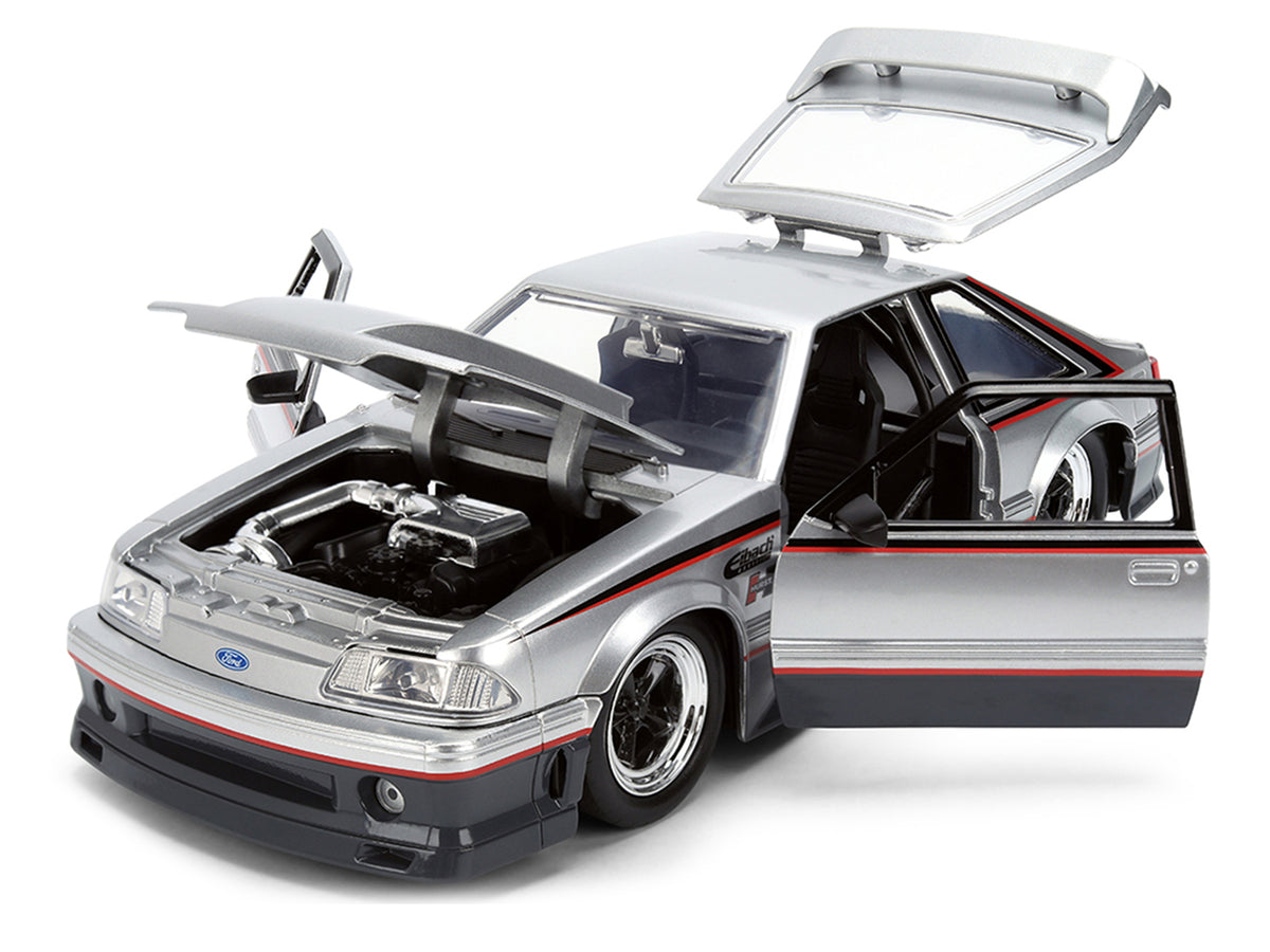 1989 Ford Mustang GT Silver Metallic and Gray with Black and Red Stripes 'AutoWorks' Series 1/24 Diecast Car Model by Jada