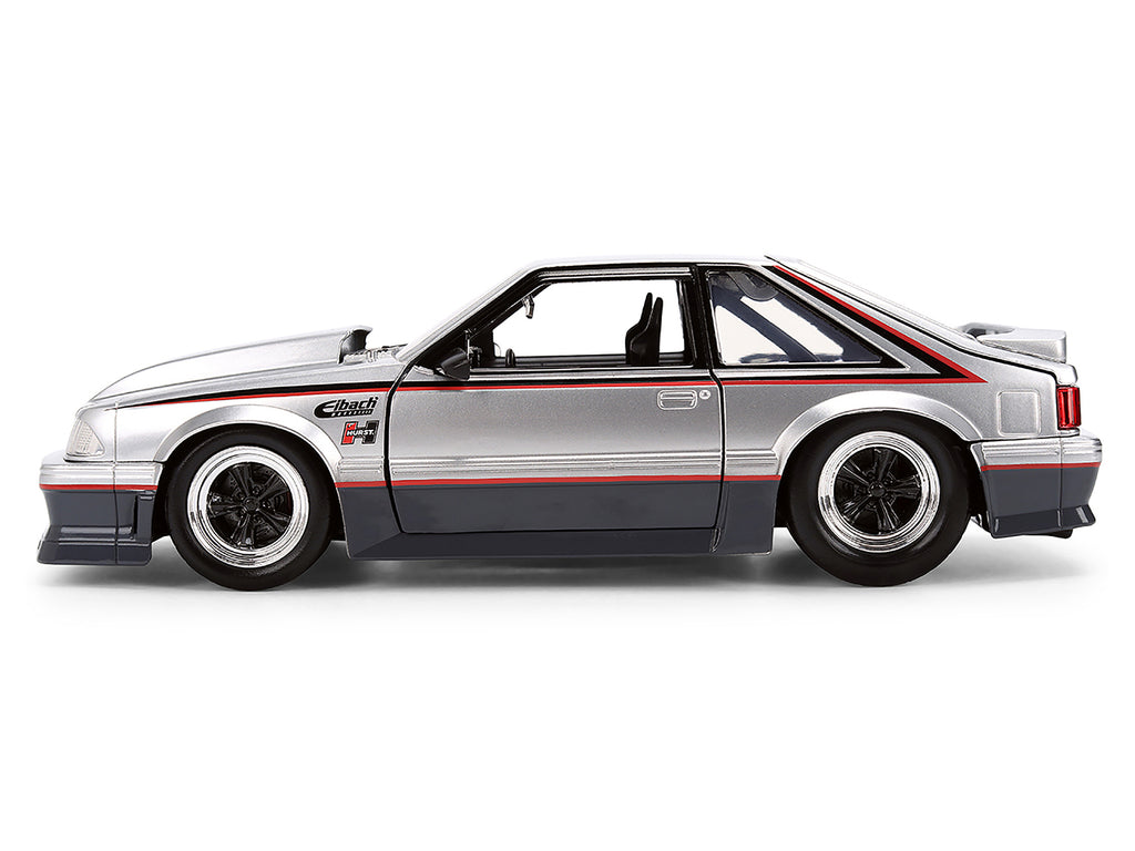 1989 Ford Mustang GT Silver Metallic and Gray with Black and Red Stripes 'AutoWorks' Series 1/24 Diecast Car Model by Jada