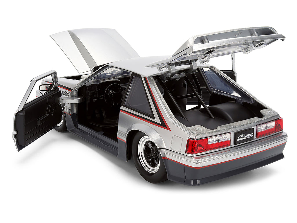 1989 Ford Mustang GT Silver Metallic and Gray with Black and Red Stripes 'AutoWorks' Series 1/24 Diecast Car Model by Jada