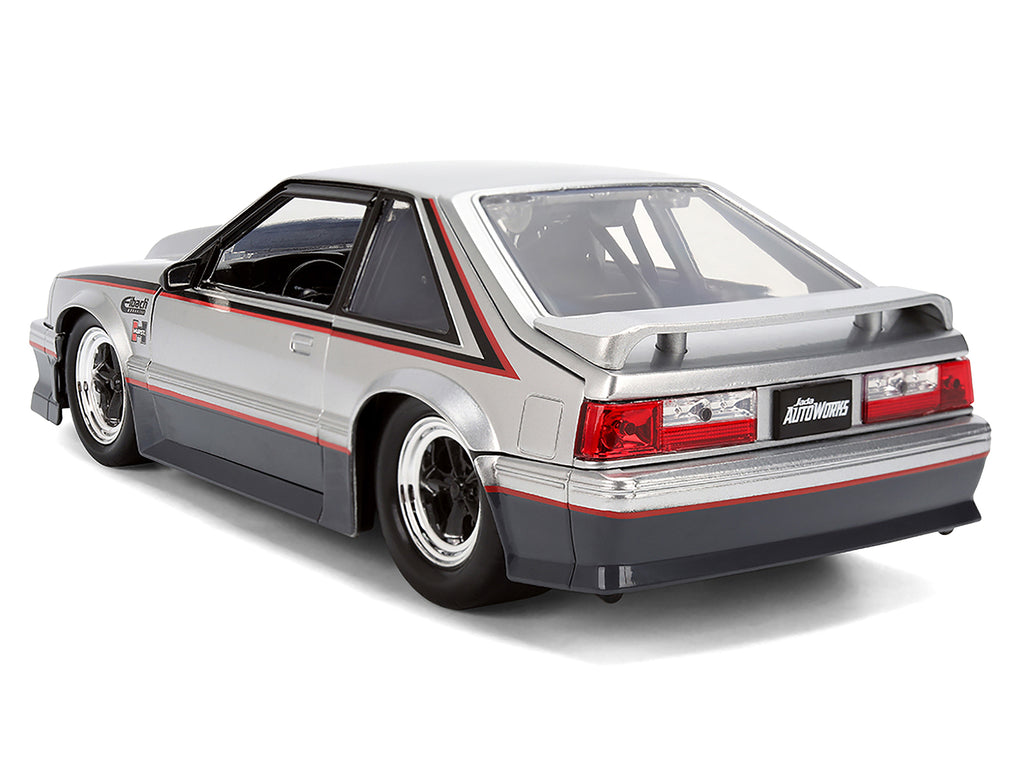 1989 Ford Mustang GT Silver Metallic and Gray with Black and Red Stripes 'AutoWorks' Series 1/24 Diecast Car Model by Jada