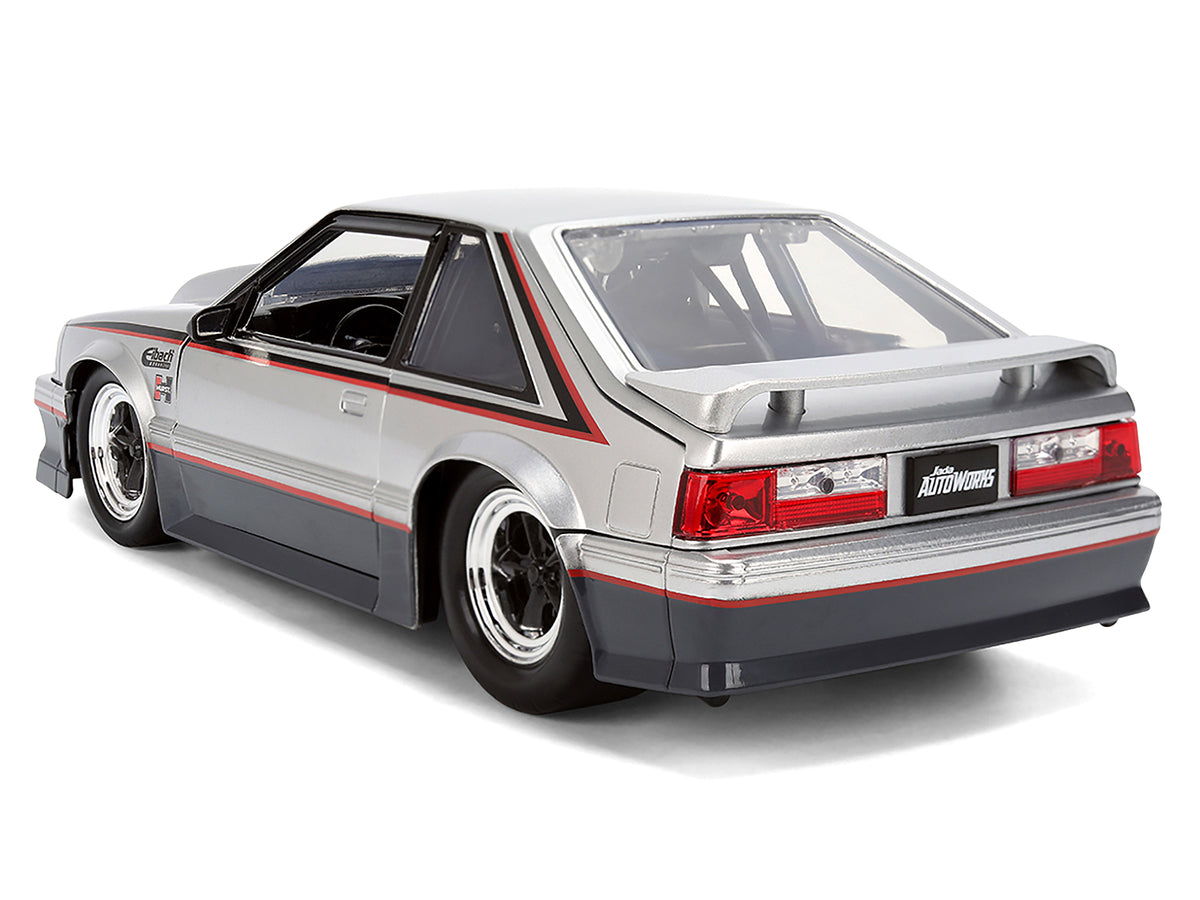 1989 Ford Mustang GT Silver Metallic and Gray with Black and Red Stripes 'AutoWorks' Series 1/24 Diecast Car Model by Jada