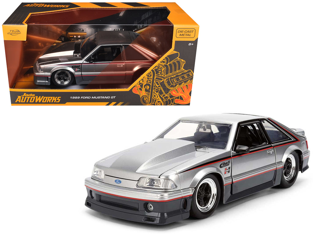1989 Ford Mustang GT Silver Metallic and Gray with Black and Red Stripes 'AutoWorks' Series 1/24 Diecast Car Model by Jada