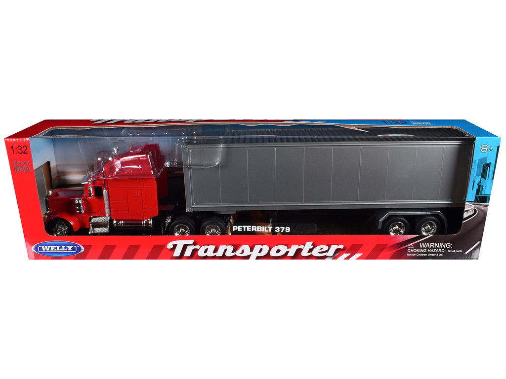 Peterbilt 379 Truck Red with Silver Container 'Transporter' Series 1/32 Diecast Model by Welly