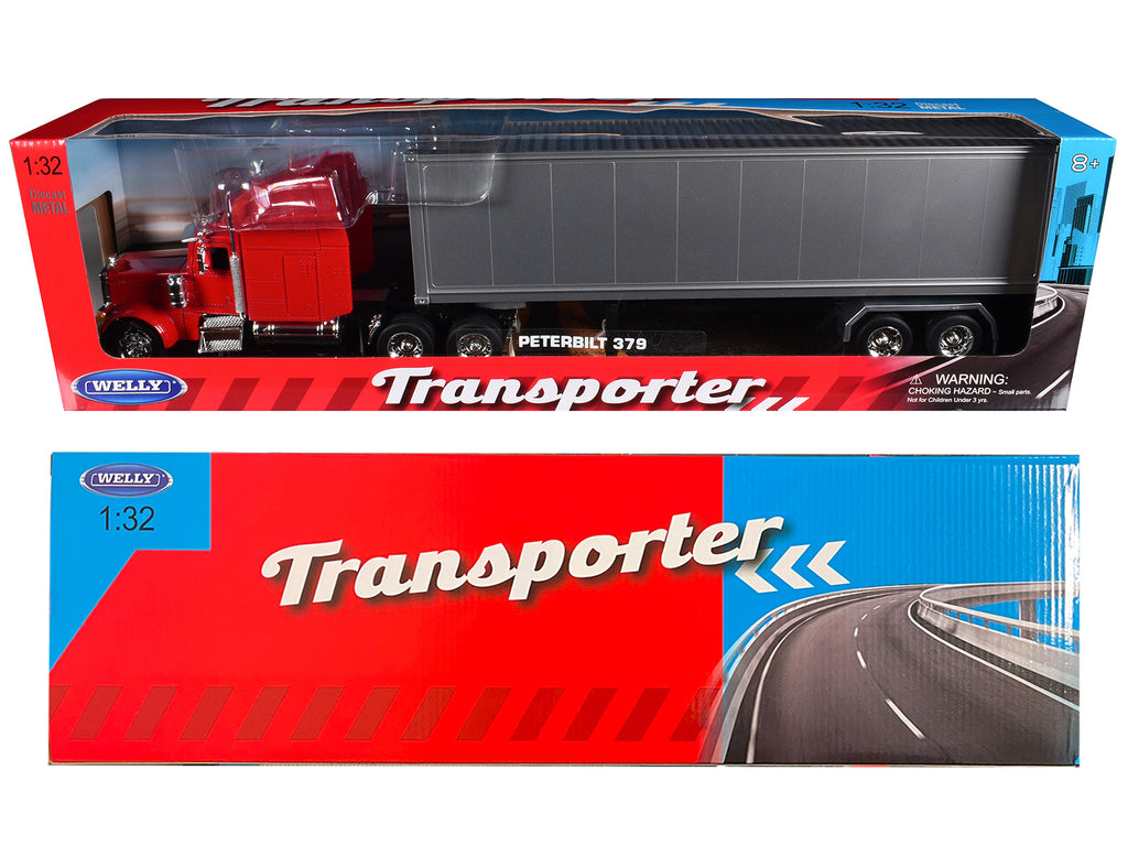 Peterbilt 379 Truck Red with Silver Container 'Transporter' Series 1/32 Diecast Model by Welly