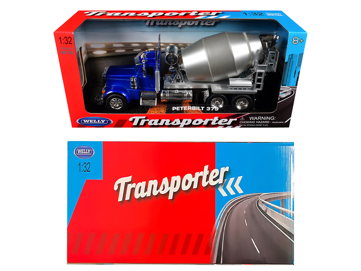 Peterbilt 379 Cement Mixer Blue Metallic with Chrome and Silver Mixer 'Transporter' Series 1/32 Diecast Model by Welly