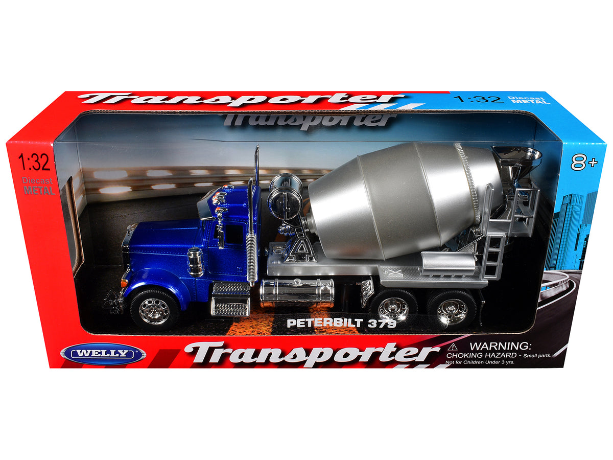 Peterbilt 379 Cement Mixer Blue Metallic with Chrome and Silver Mixer 'Transporter' Series 1/32 Diecast Model by Welly