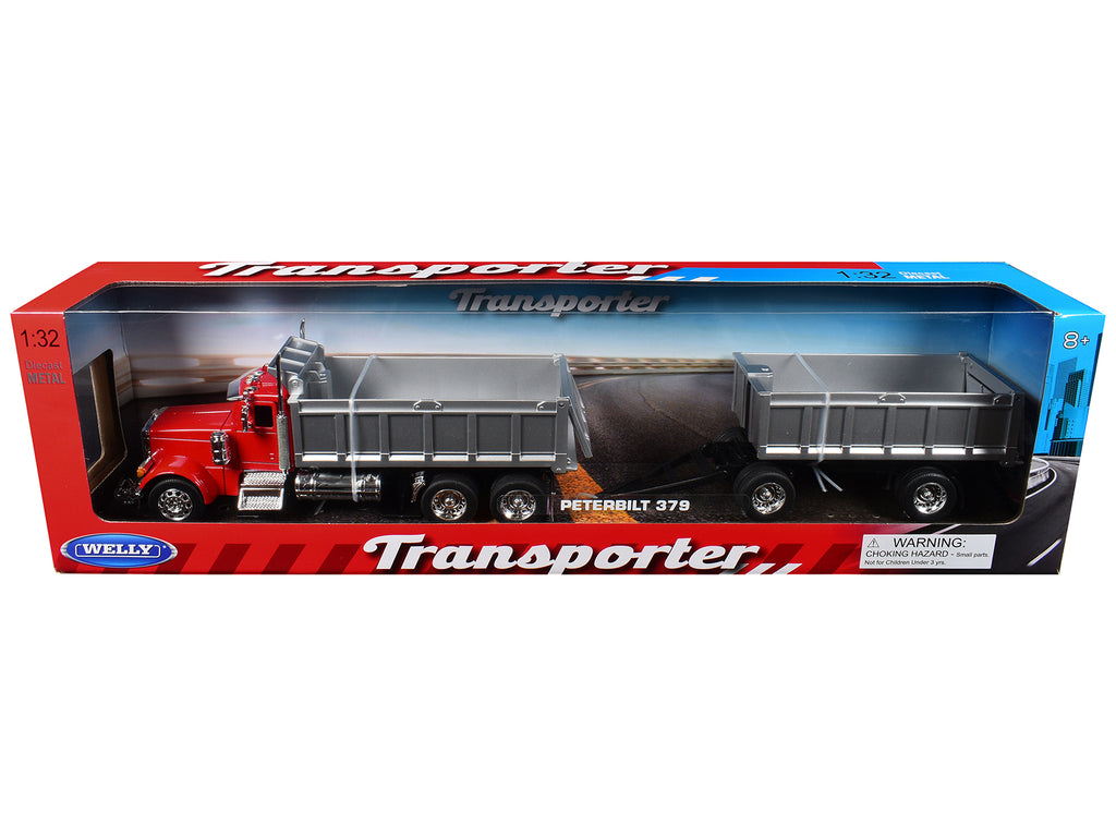Peterbilt 379 Dump Truck Red with Gray Double Dump Trailer 'Transporter' Series 1/32 Diecast Model by Welly
