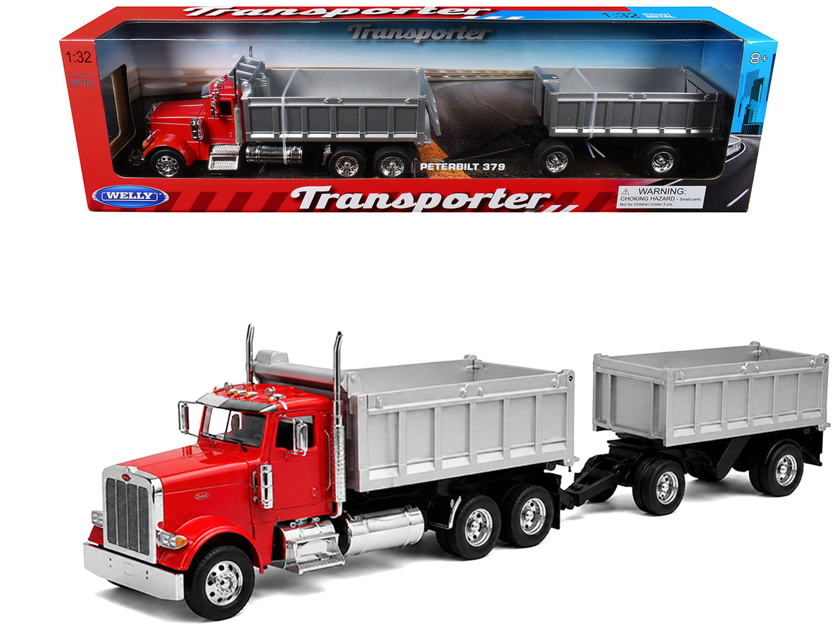 Peterbilt 379 Dump Truck Red with Gray Double Dump Trailer 'Transporter' Series 1/32 Diecast Model by Welly