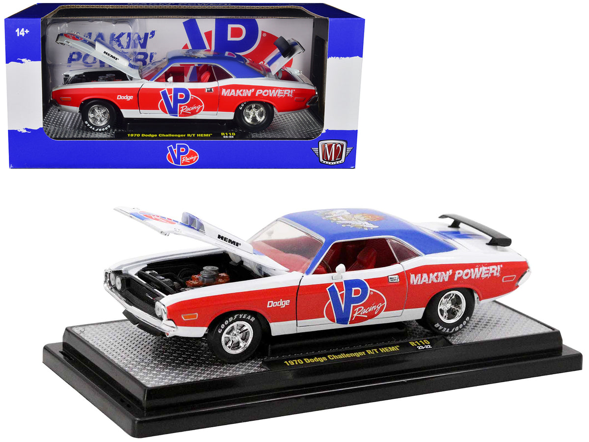 1970 Dodge Challenger R/T Hemi White with Red and Blue Stripes with Red Interior 'VP Racing' Limited Edition to 5710 pieces Worldwide 1/24 Diecast Model Car by M2 Machines