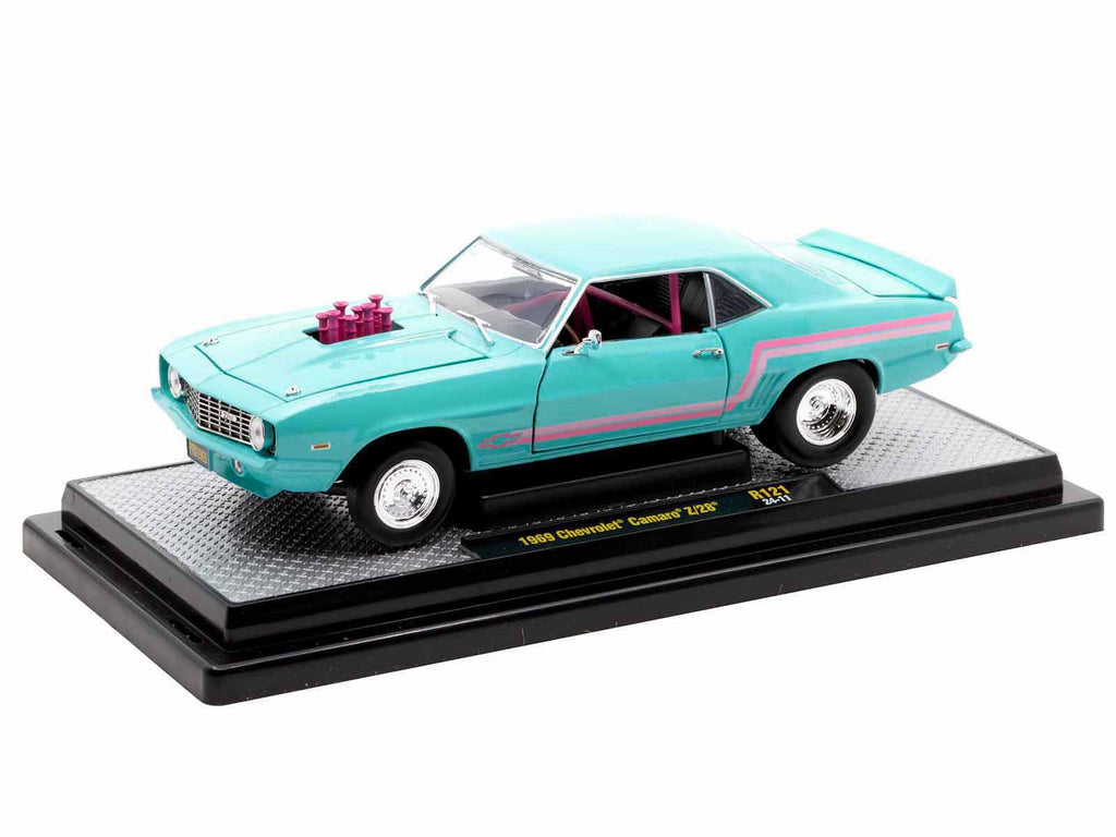 1969 Chevrolet Camaro Z/28 Light Blue with Pink Stripes 'Pro Street' Limited Edition to 6250 pieces Worldwide 1/24 Diecast Model Car by M2 Machines