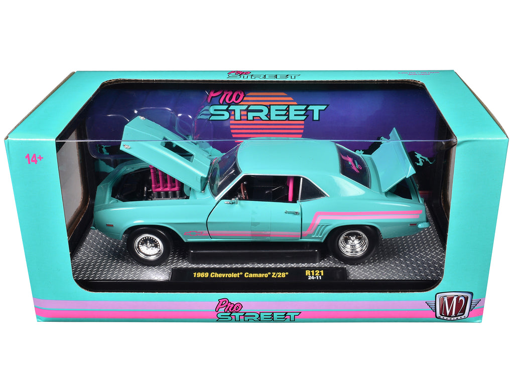 1969 Chevrolet Camaro Z/28 Light Blue with Pink Stripes 'Pro Street' Limited Edition to 6250 pieces Worldwide 1/24 Diecast Model Car by M2 Machines
