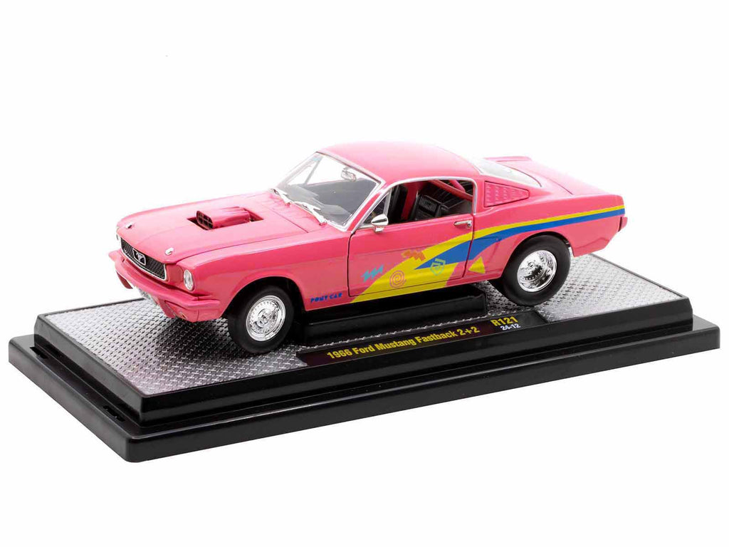 1966 Ford Mustang Fastback 2+2 Pink with Blue and Yellow Stripes 'Pro Street' Limited Edition to 6250 pieces Worldwide 1/24 Diecast Model Car by M2 Machines