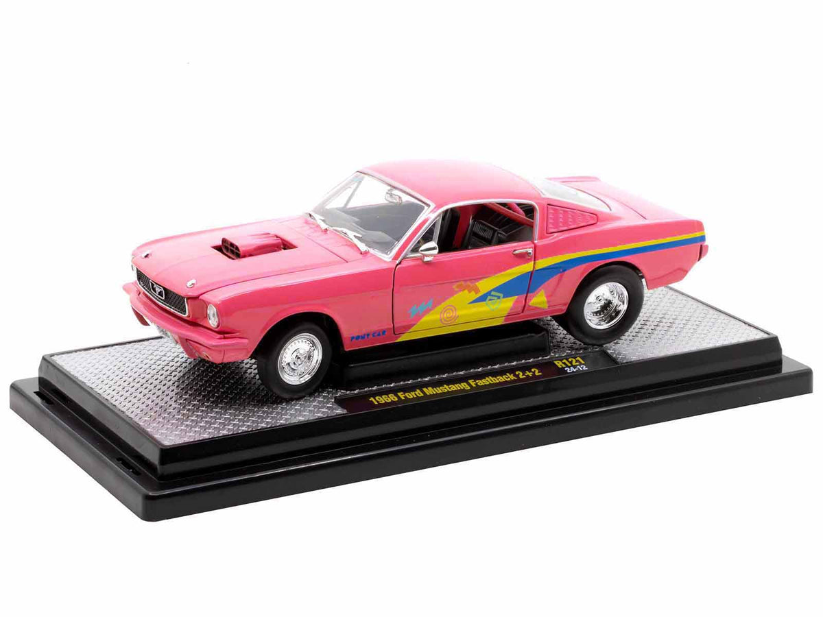 1966 Ford Mustang Fastback 2+2 Pink with Blue and Yellow Stripes 'Pro Street' Limited Edition to 6250 pieces Worldwide 1/24 Diecast Model Car by M2 Machines