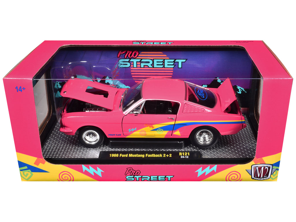 1966 Ford Mustang Fastback 2+2 Pink with Blue and Yellow Stripes 'Pro Street' Limited Edition to 6250 pieces Worldwide 1/24 Diecast Model Car by M2 Machines