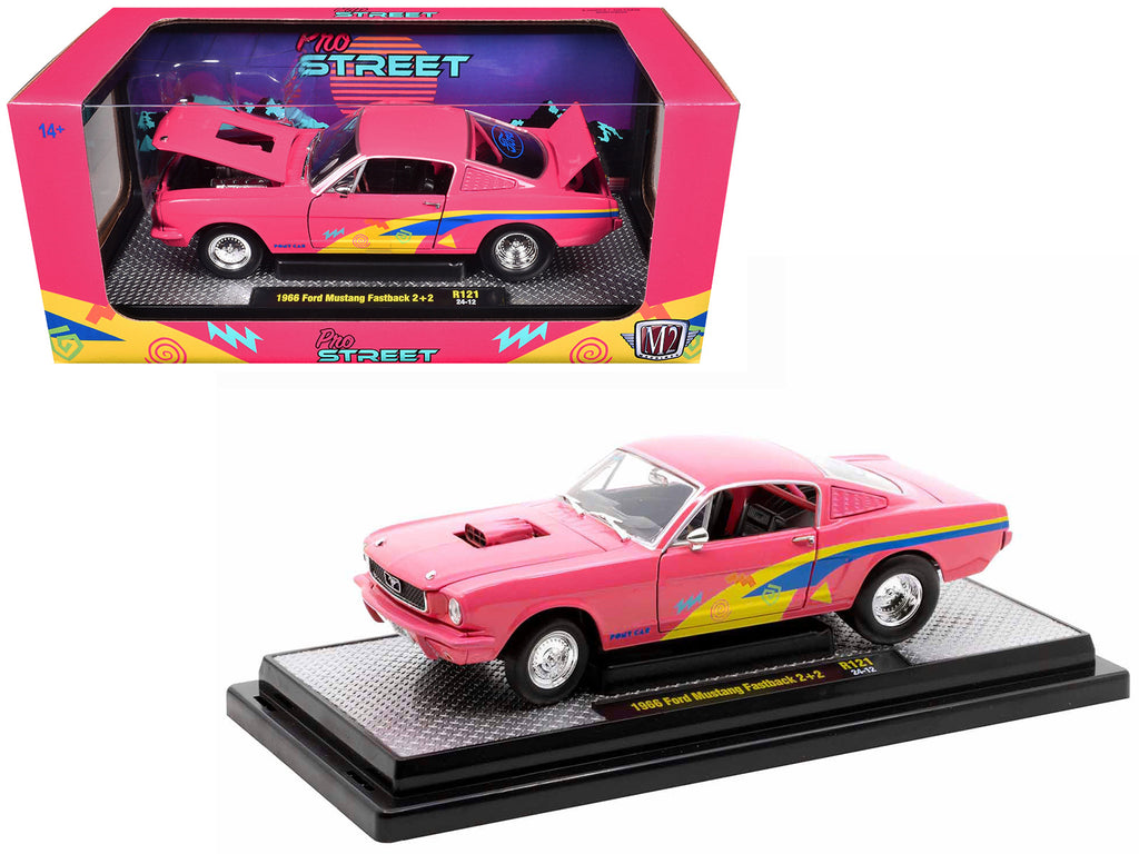 1966 Ford Mustang Fastback 2+2 Pink with Blue and Yellow Stripes 'Pro Street' Limited Edition to 6250 pieces Worldwide 1/24 Diecast Model Car by M2 Machines