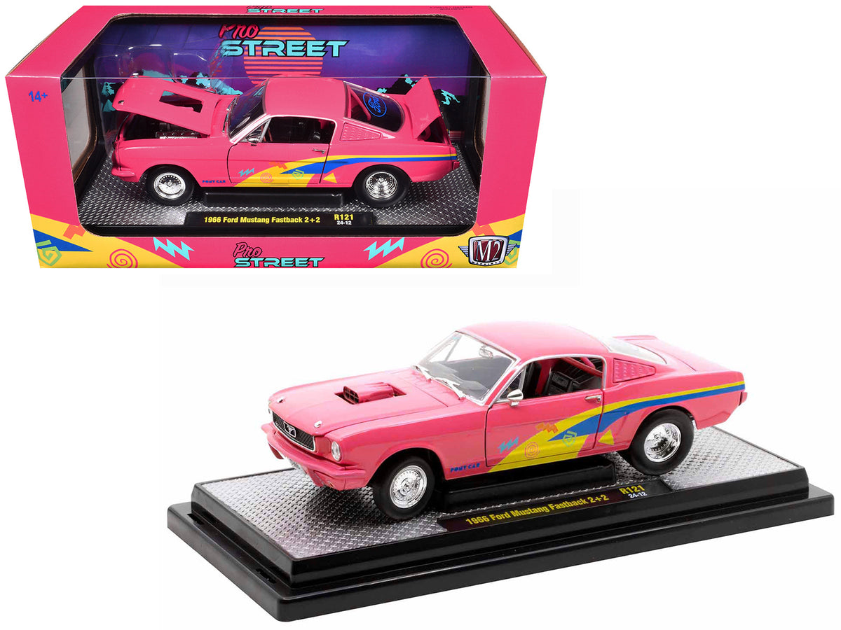 1966 Ford Mustang Fastback 2+2 Pink with Blue and Yellow Stripes 'Pro Street' Limited Edition to 6250 pieces Worldwide 1/24 Diecast Model Car by M2 Machines