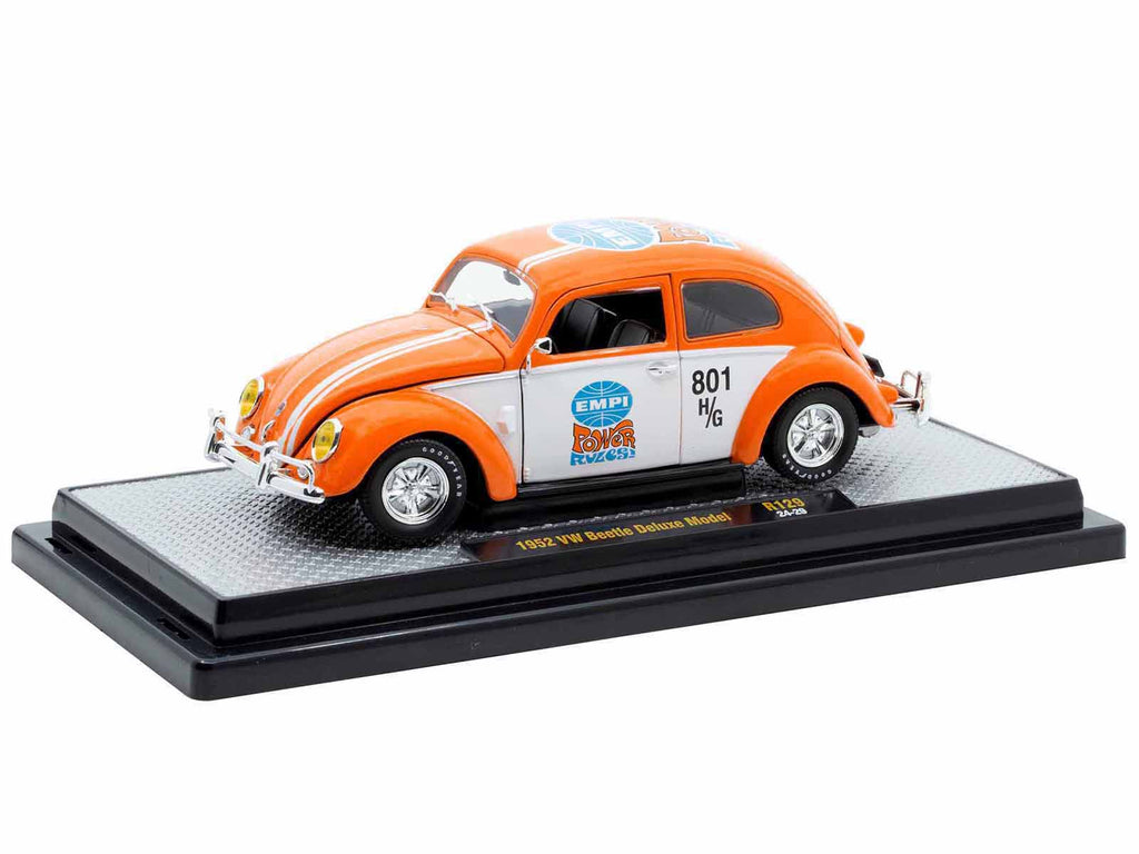 1952 Volkswagen Beetle Deluxe Model 'EMPI Power Rules' Orange and White with Graphics Limited Edition to 6650 pieces Worldwide 1/24 Diecast Model Car by M2 Machines