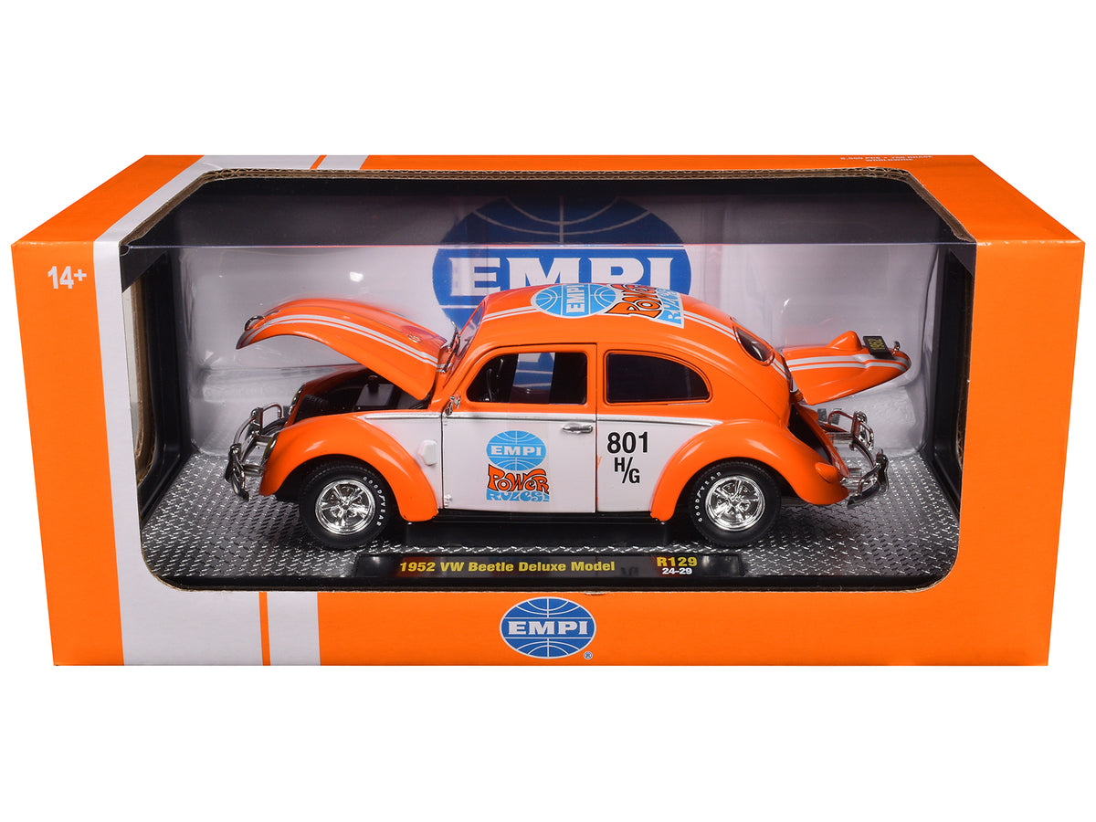 1952 Volkswagen Beetle Deluxe Model 'EMPI Power Rules' Orange and White with Graphics Limited Edition to 6650 pieces Worldwide 1/24 Diecast Model Car by M2 Machines