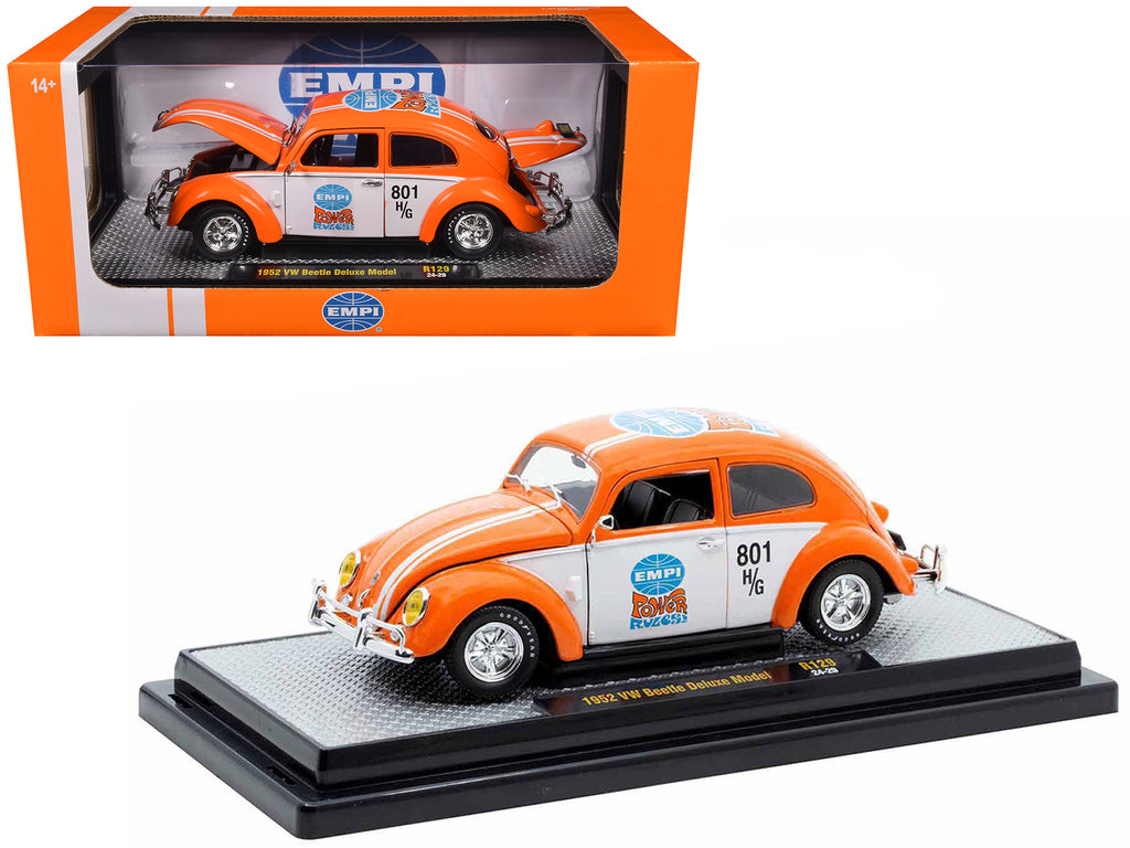 1952 Volkswagen Beetle Deluxe Model 'EMPI Power Rules' Orange and White with Graphics Limited Edition to 6650 pieces Worldwide 1/24 Diecast Model Car by M2 Machines