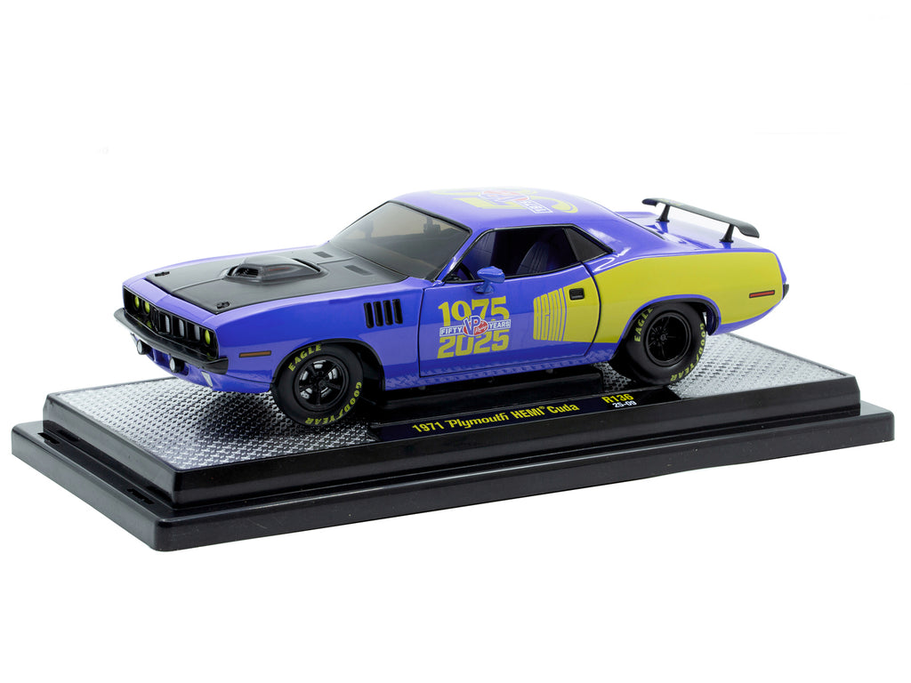1971 Plymouth Hemi Cuda 'VP Racing 50 Years' Blue with Yellow Sides Limited Edition to 8650 pieces Worldwide 1/24 Diecast Model Car by M2 Machines