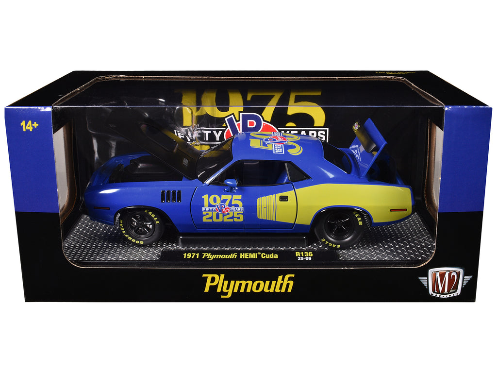 1971 Plymouth Hemi Cuda 'VP Racing 50 Years' Blue with Yellow Sides Limited Edition to 8650 pieces Worldwide 1/24 Diecast Model Car by M2 Machines
