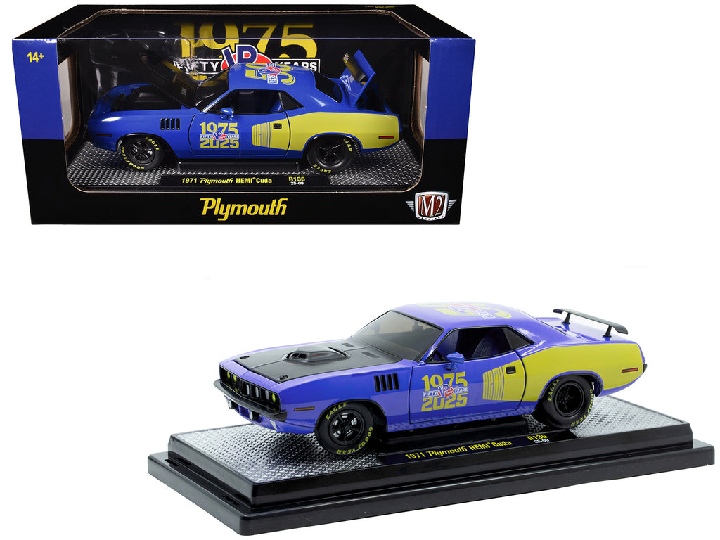 1971 Plymouth Hemi Cuda 'VP Racing 50 Years' Blue with Yellow Sides Limited Edition to 8650 pieces Worldwide 1/24 Diecast Model Car by M2 Machines