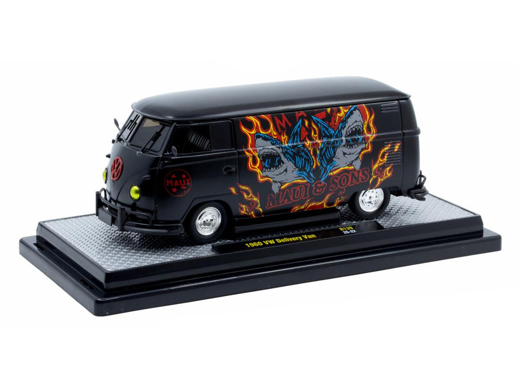 1960 Volkswagen Delivery Van 'Maui & Sons' Black with Graphics Limited Edition to 4050 pieces Worldwide 1/24 Diecast Model Car by M2 Machines
