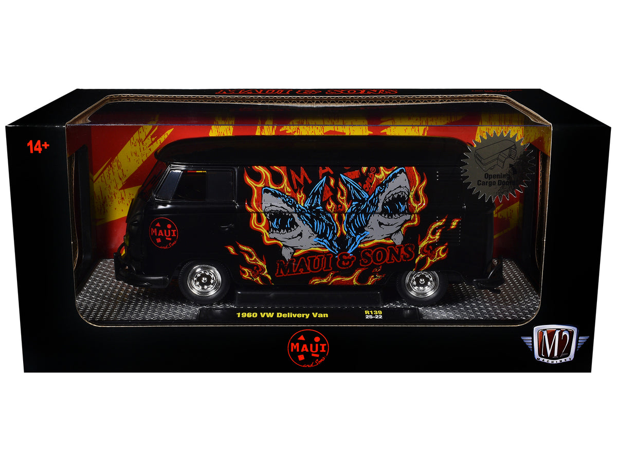 1960 Volkswagen Delivery Van 'Maui & Sons' Black with Graphics Limited Edition to 4050 pieces Worldwide 1/24 Diecast Model Car by M2 Machines