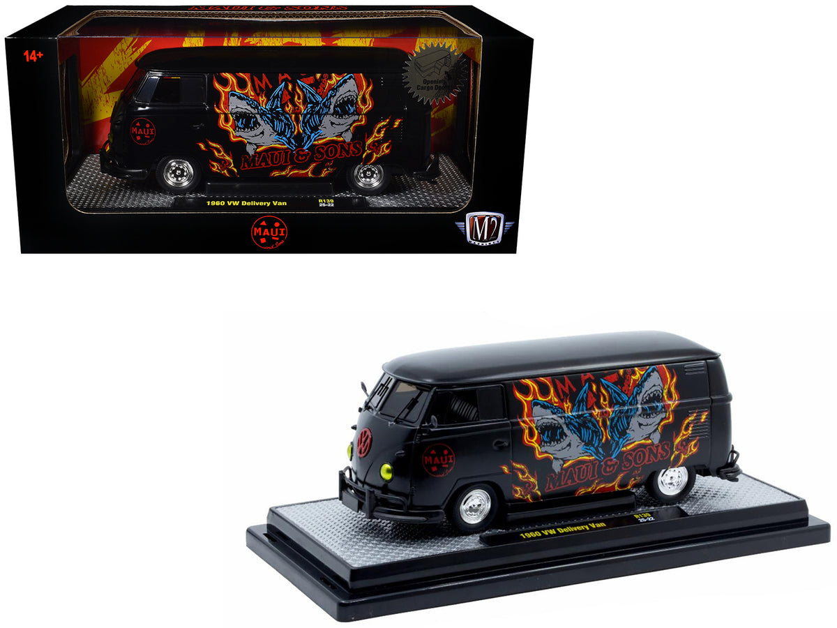1960 Volkswagen Delivery Van 'Maui & Sons' Black with Graphics Limited Edition to 4050 pieces Worldwide 1/24 Diecast Model Car by M2 Machines