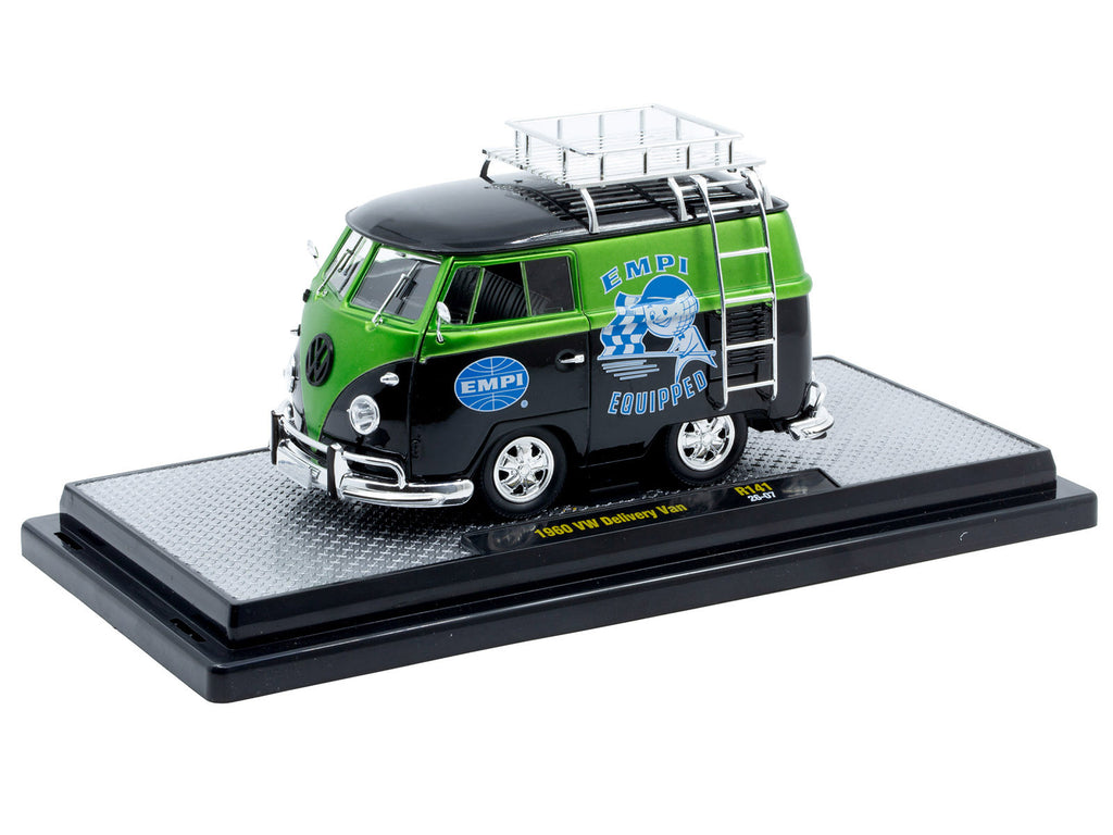 1960 Volkswagen Delivery Van 'EMPI Equipped' Black and Green Metallic with Roof Rack and Ladder Limited Edition to 4050 pieces Worldwide 1/24 Diecast Model Car by M2 Machines