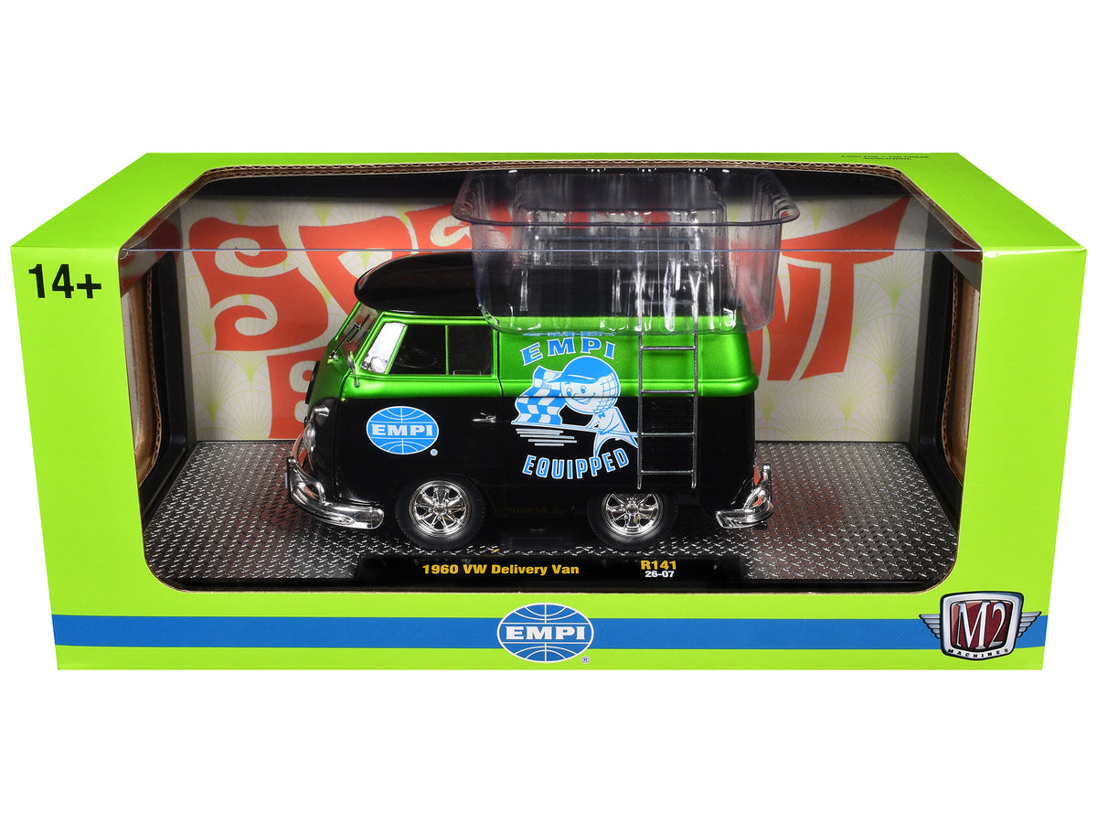 1960 Volkswagen Delivery Van 'EMPI Equipped' Black and Green Metallic with Roof Rack and Ladder Limited Edition to 4050 pieces Worldwide 1/24 Diecast Model Car by M2 Machines