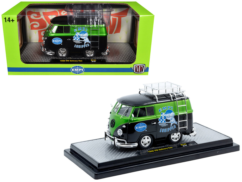 1960 Volkswagen Delivery Van 'EMPI Equipped' Black and Green Metallic with Roof Rack and Ladder Limited Edition to 4050 pieces Worldwide 1/24 Diecast Model Car by M2 Machines