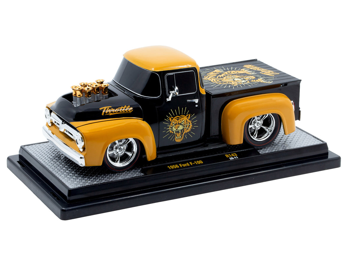 1956 Ford F-100 Pickup Truck 'Throttle' Black with Brown Top and Fenders with Graphics Limited Edition to 6250 pieces Worldwide 1/24 Diecast Model Car by M2 Machines