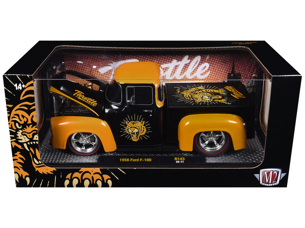 1956 Ford F-100 Pickup Truck 'Throttle' Black with Brown Top and Fenders with Graphics Limited Edition to 6250 pieces Worldwide 1/24 Diecast Model Car by M2 Machines
