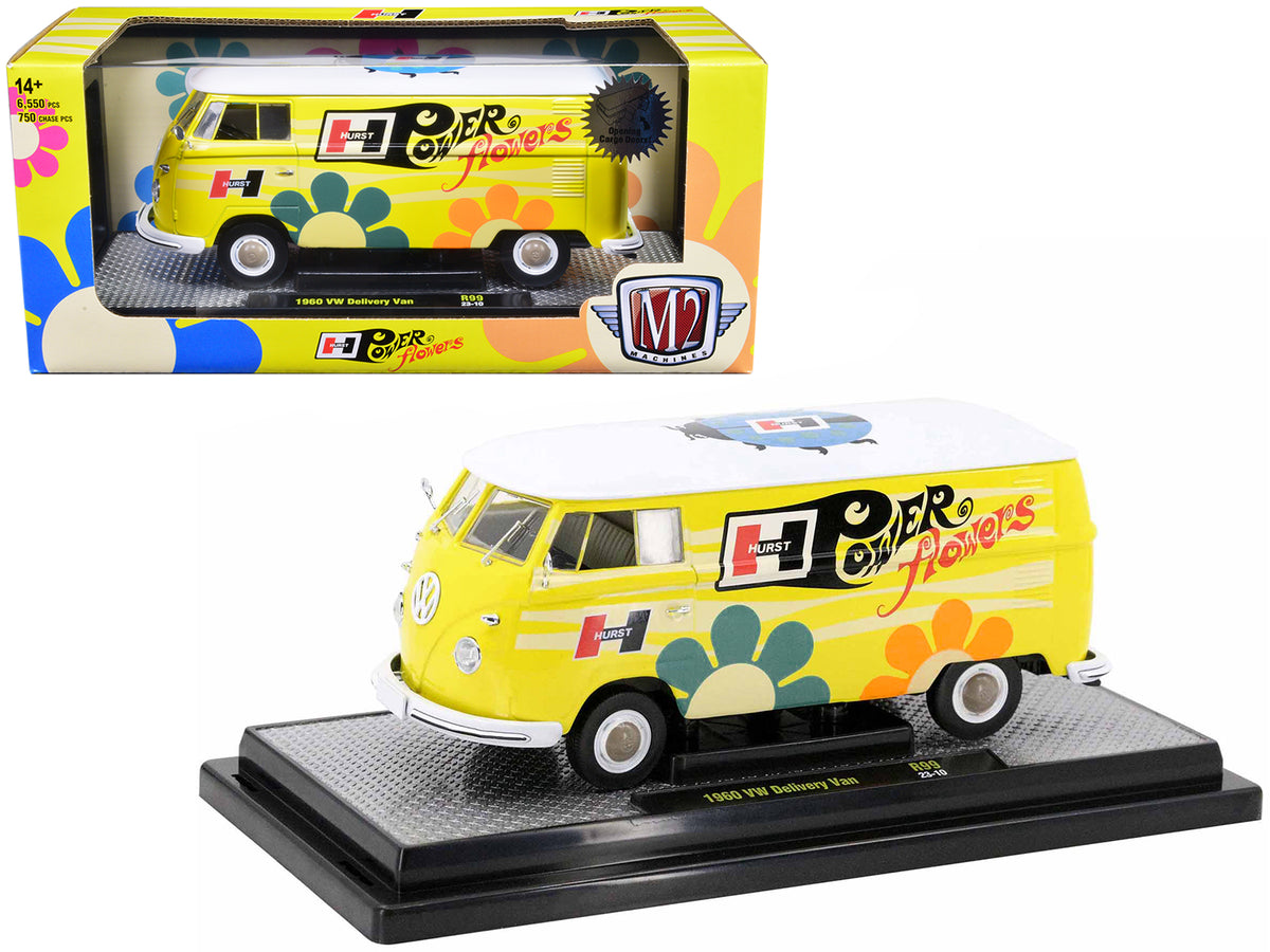 1960 Volkswagen Delivery Van Yellow with Bright White Top and Flower Graphics 'Hurst Power Flowers' Limited Edition to 6550 pieces Worldwide 1/24 Diecast Model Car by M2 Machines