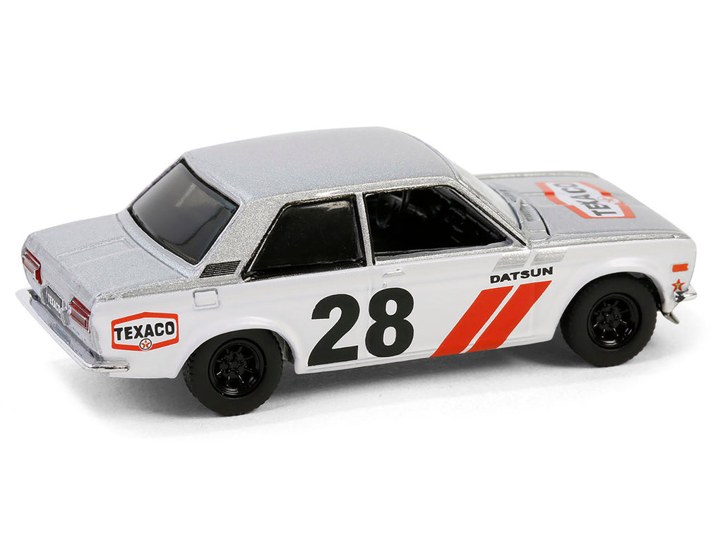 1970 Nissan Datsun 510 #28 'Texaco' Silver Metallic and White with Red Stripes 'Texaco Special Edition' Series 1 1/64 Diecast Model Car by Greenlight