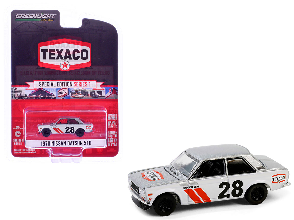 1970 Nissan Datsun 510 #28 'Texaco' Silver Metallic and White with Red Stripes 'Texaco Special Edition' Series 1 1/64 Diecast Model Car by Greenlight