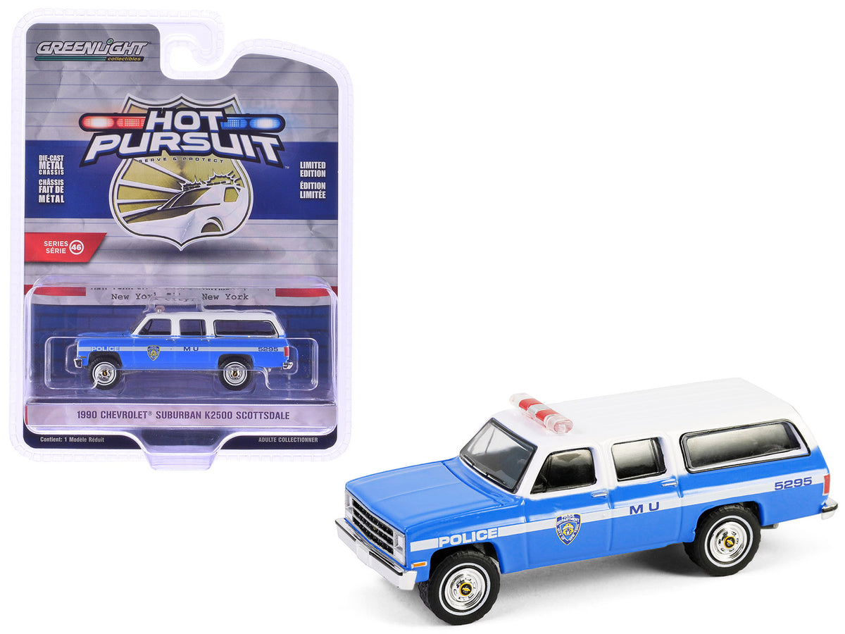 1990 Chevrolet Suburban K2500 Scottsdale 'NYPD (New York City Police Department)' Blue with White Top 'Hot Pursuit' Series 46 1/64 Diecast Model Car by Greenlight