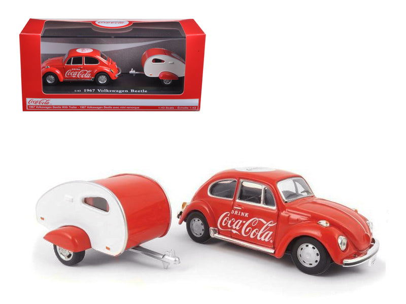 1967 Volkswagen Beetle Red with Teardrop Travel Trailer Red and White 'Coca-Cola' 1/43 Diecast Model Car by Motorcity Classics