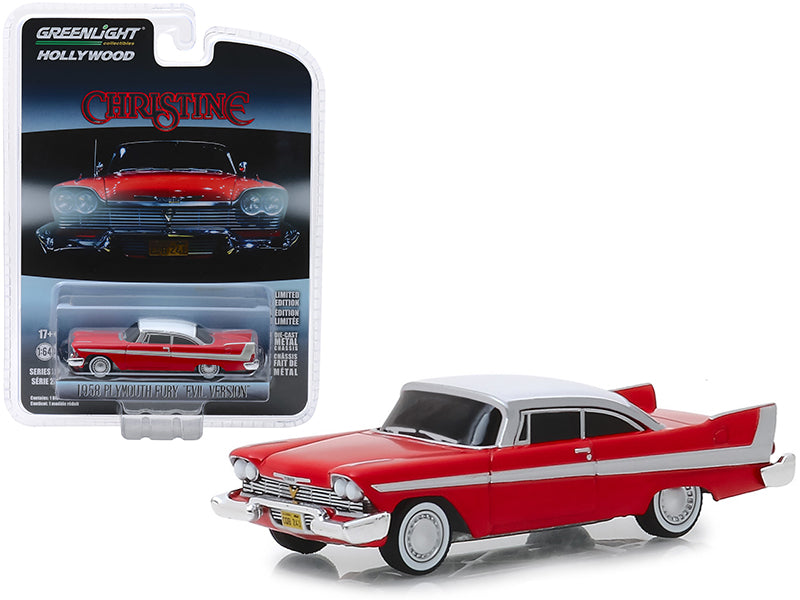 1958 Plymouth Fury Red with White Top 'Evil Version' (Blacked Out Windows) 'Christine' (1983) Movie 'Hollywood Series' Release 24 1/64 Diecast Model Car by Greenlight