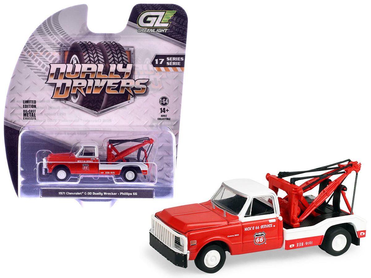 1971 Chevrolet C-30 Dually Wrecker Tow Truck 'Phillips 66' Red with White Top 'Dually Drivers' Series 17 1/64 Diecast Model Car by Greenlight